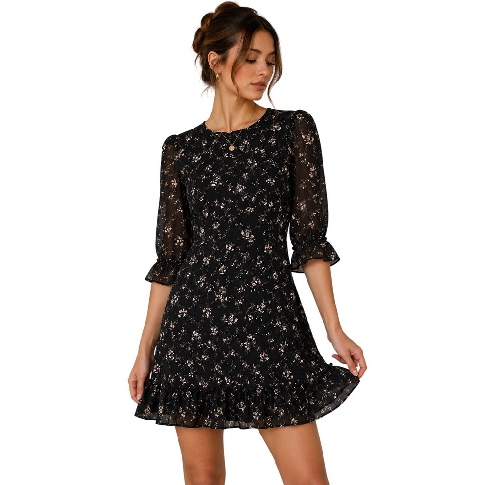 Reformation Womens Black Floral Mini Dress 12 Ruffle Hem Sheer Overlay Cottage